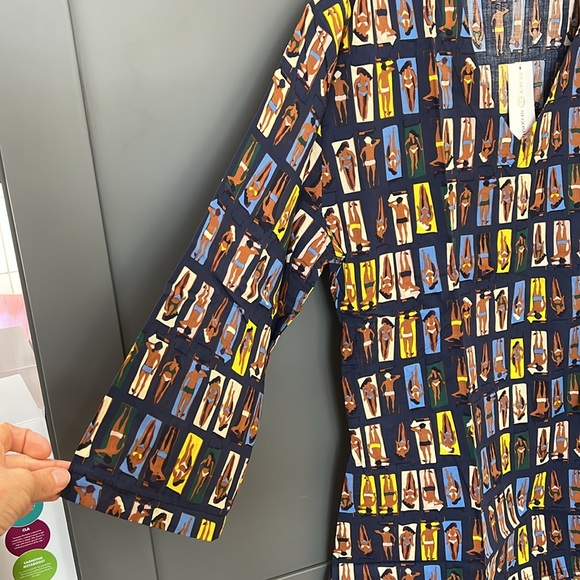 NWT{Tracy Negoshian}Sz L Blue/Yellow Swimsuit Cover Up w/Sun bathers - Picture 3 of 6